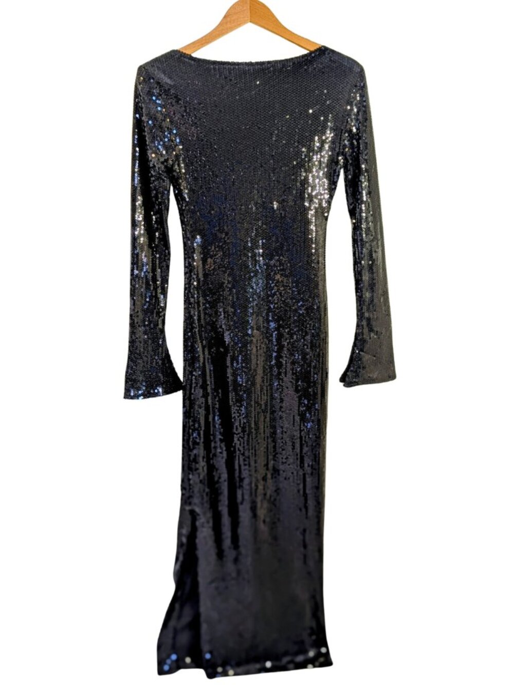 Black Sequin Gown Formal Open Back Long Sleeve Maxi Dress Slit XS Custom NWOT - Picture 3 of 16